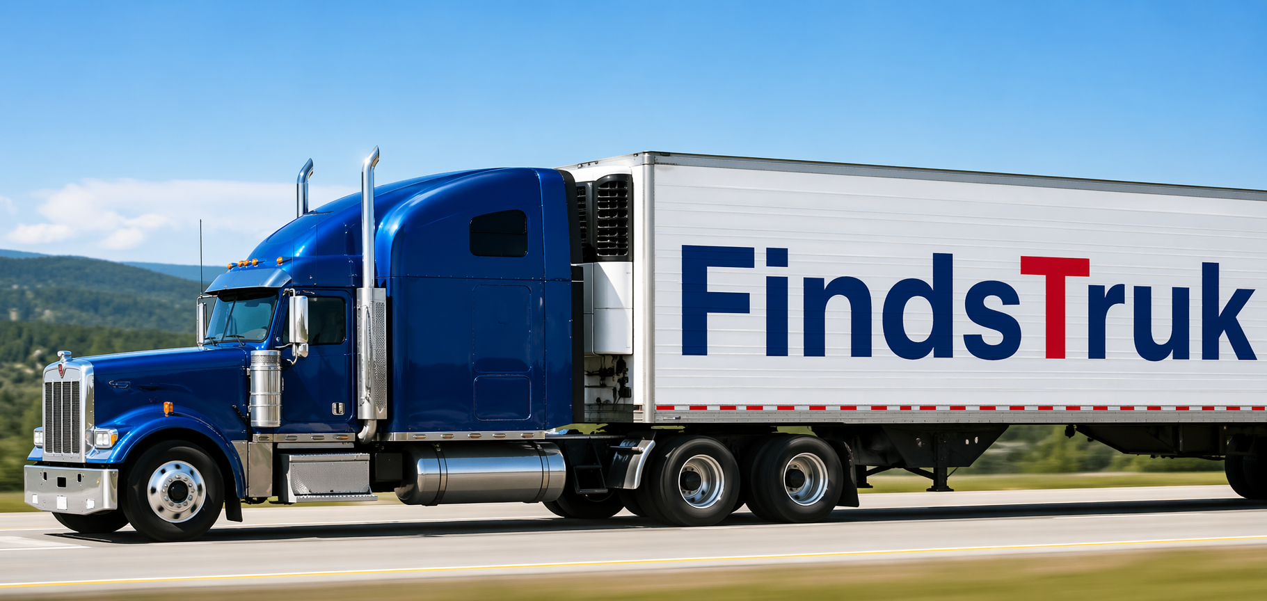 FindsTruk branded blue semi truck on the road